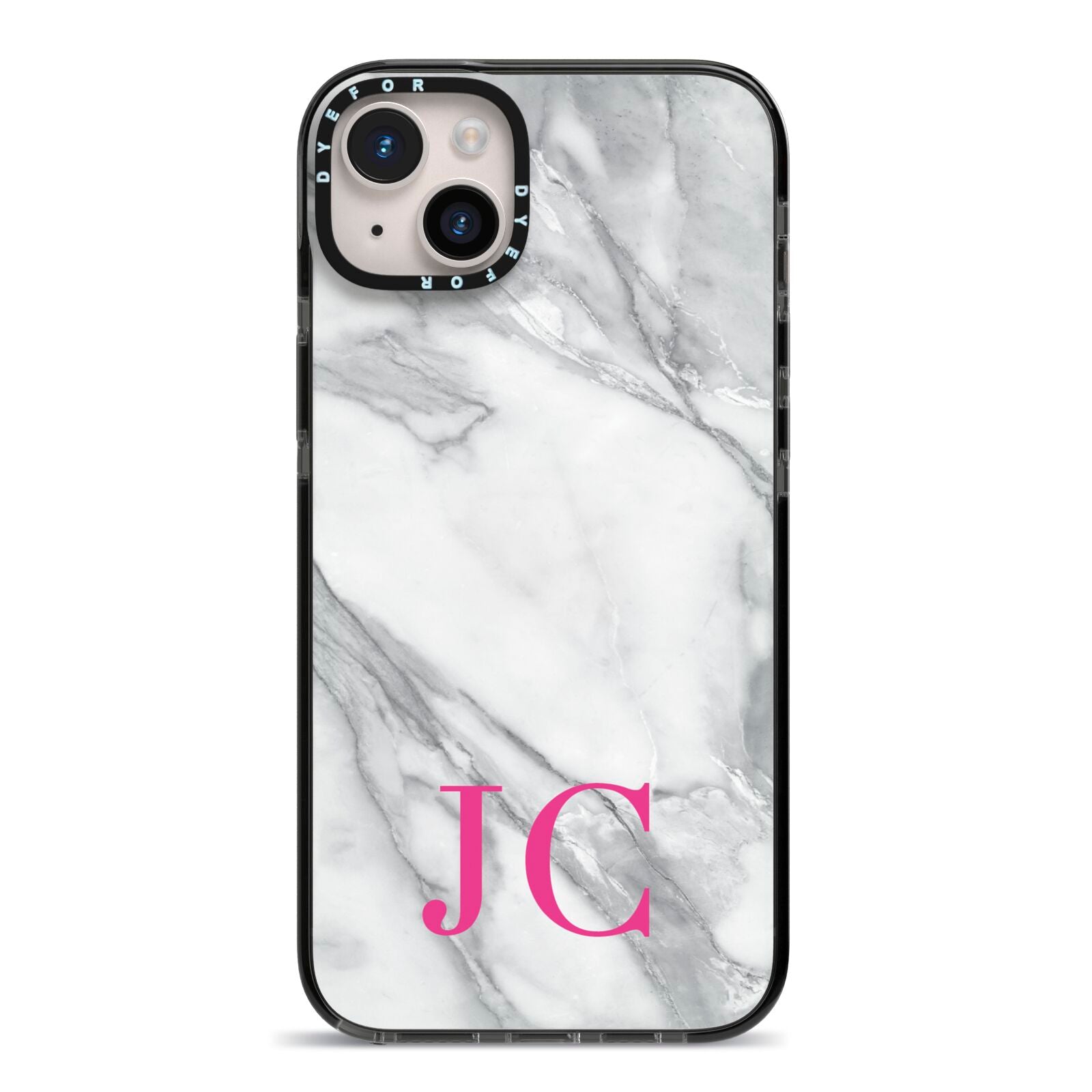 Grey Marble Pink Initials iPhone 14 Plus Black Impact Case on Silver phone