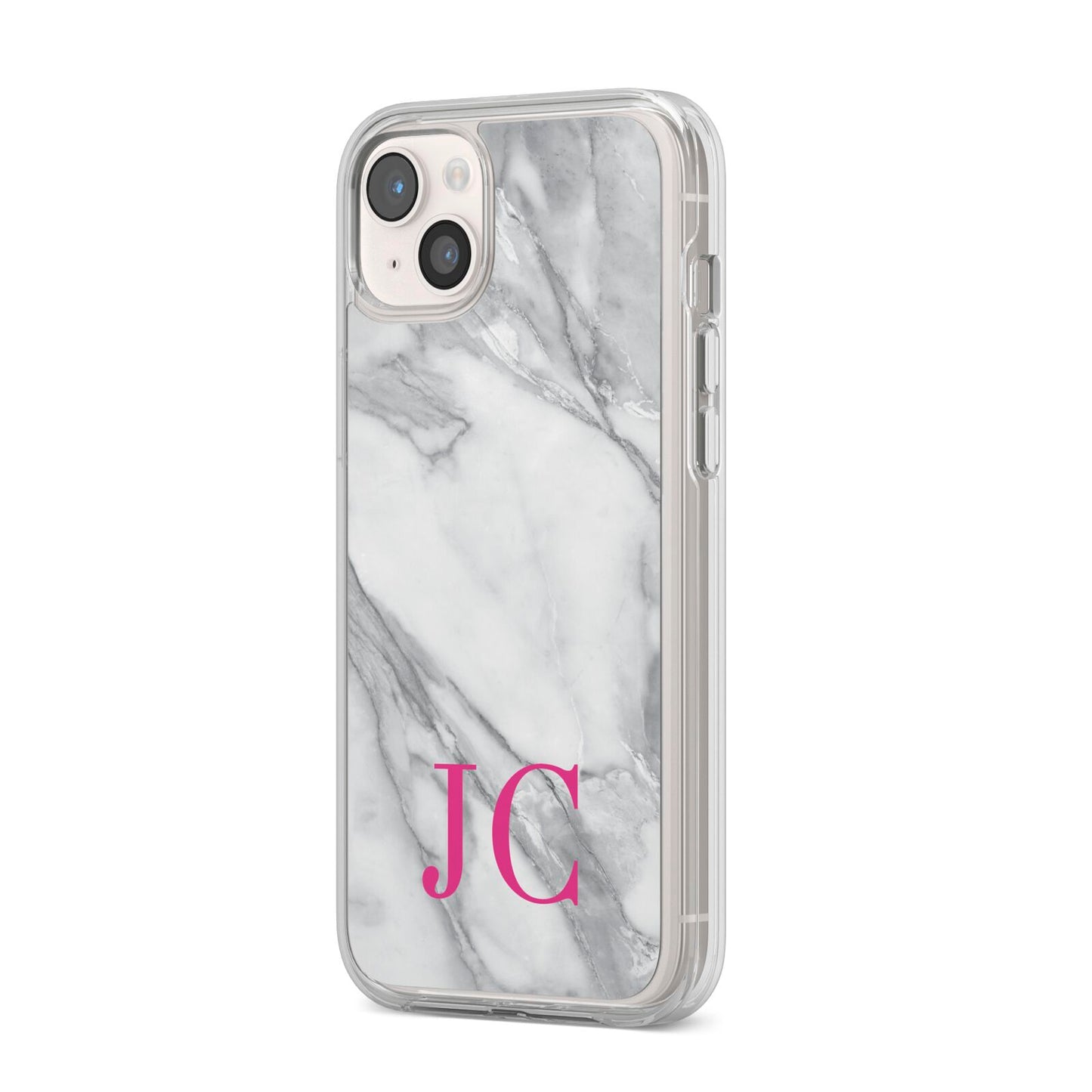 Grey Marble Pink Initials iPhone 14 Plus Clear Tough Case Starlight Angled Image