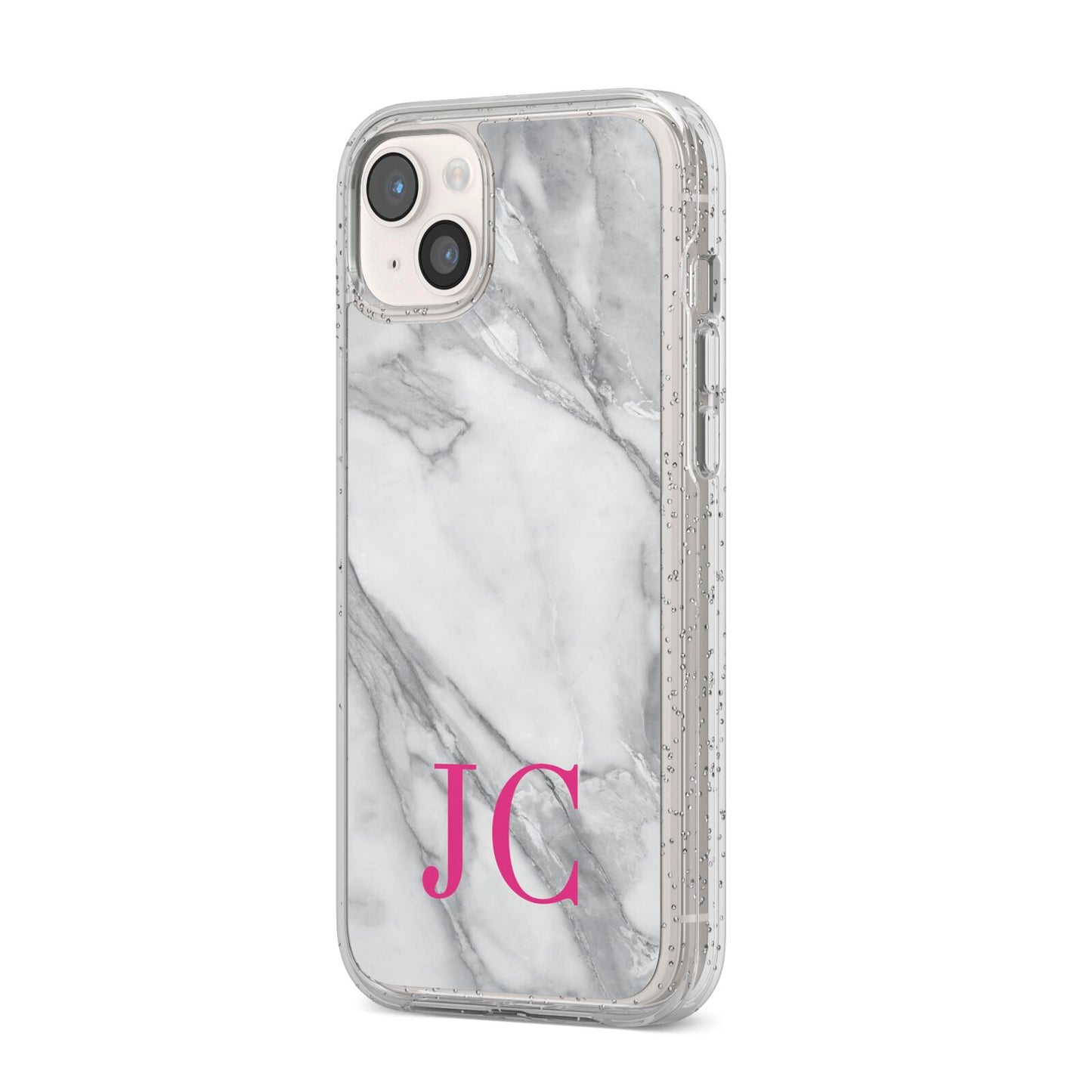 Grey Marble Pink Initials iPhone 14 Plus Glitter Tough Case Starlight Angled Image