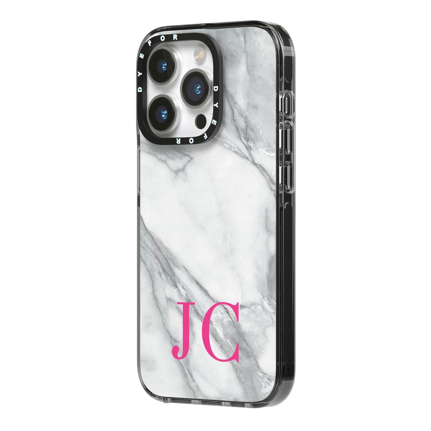 Grey Marble Pink Initials iPhone 14 Pro Black Impact Case Side Angle on Silver phone