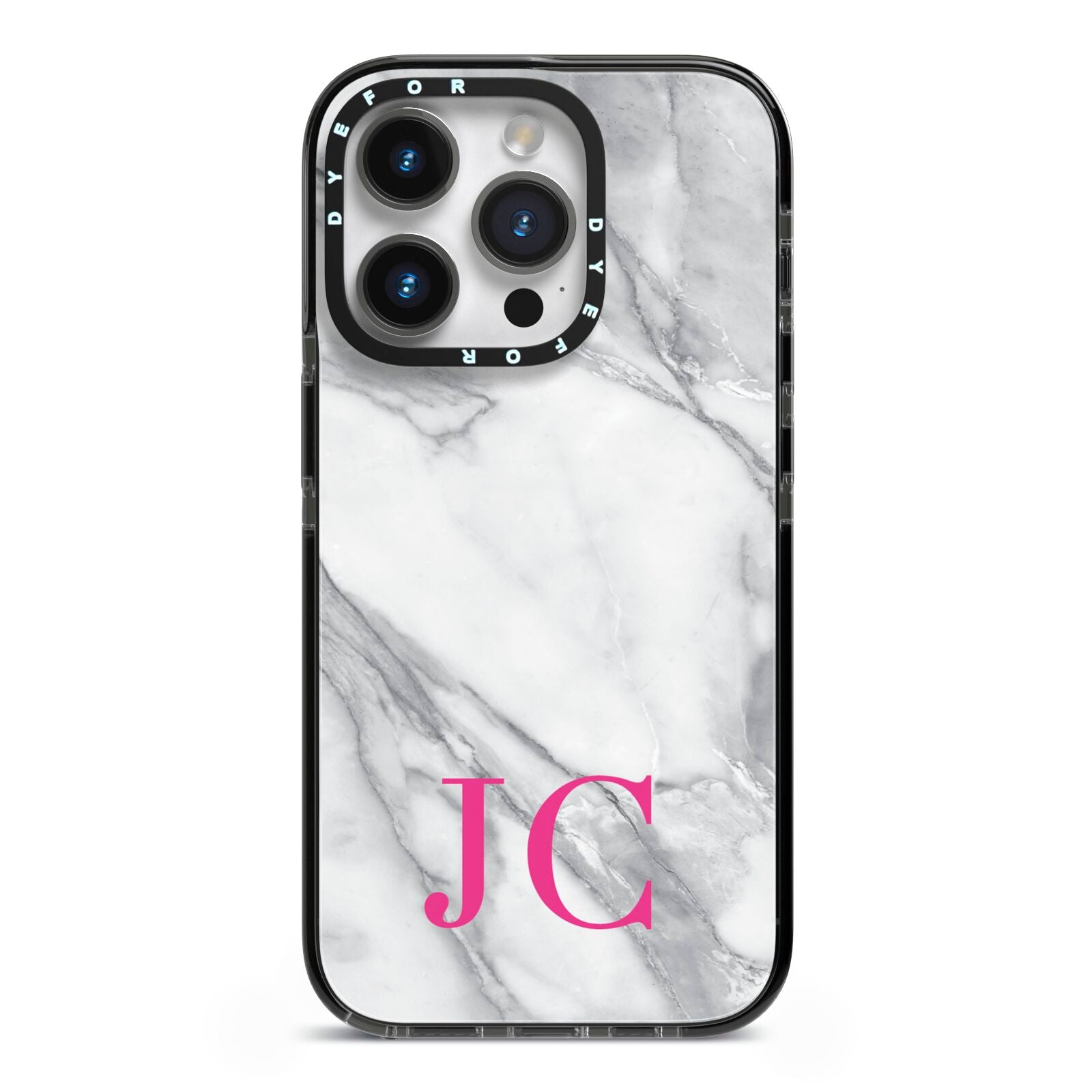 Grey Marble Pink Initials iPhone 14 Pro Black Impact Case on Silver phone
