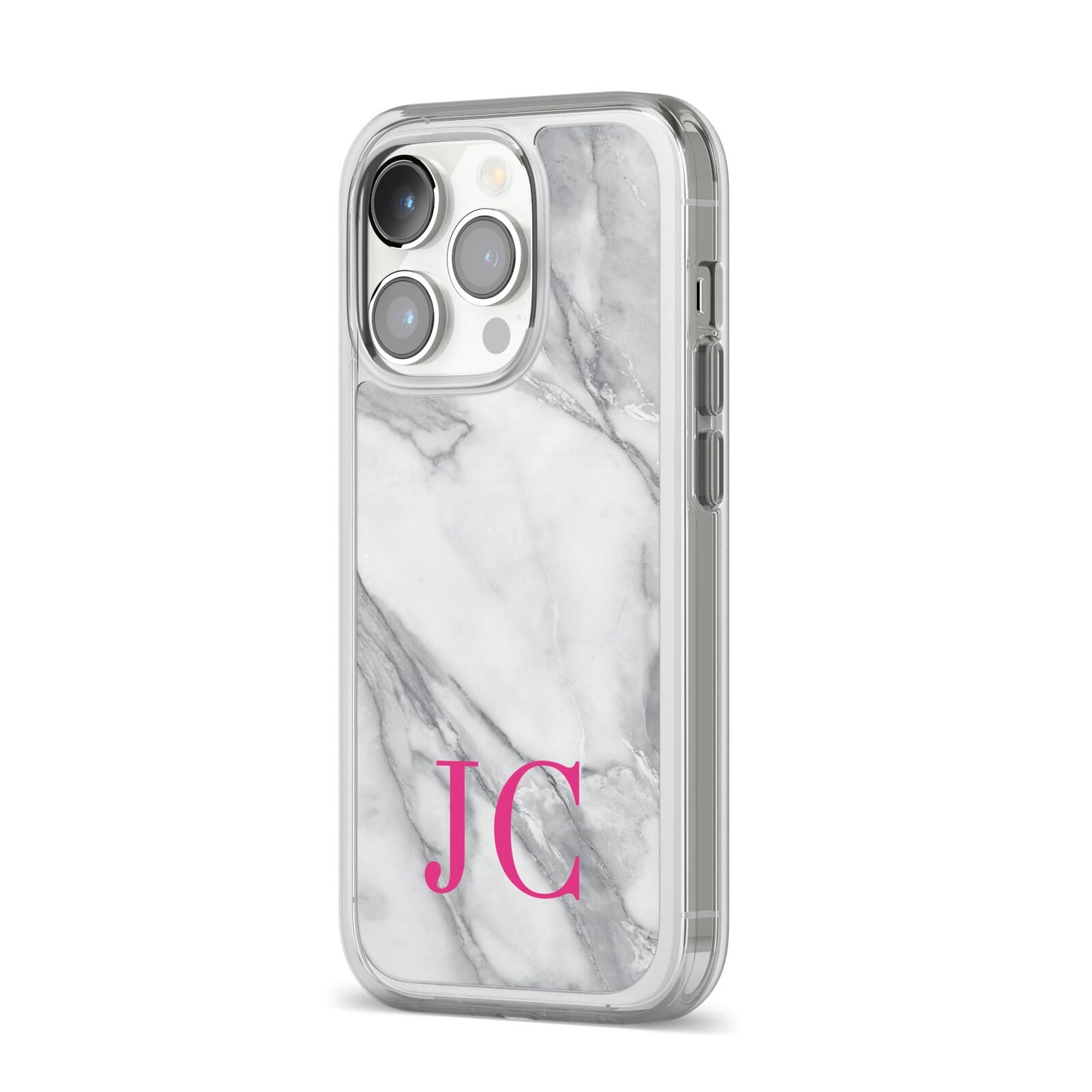 Grey Marble Pink Initials iPhone 14 Pro Clear Tough Case Silver Angled Image