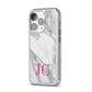 Grey Marble Pink Initials iPhone 14 Pro Glitter Tough Case Silver Angled Image