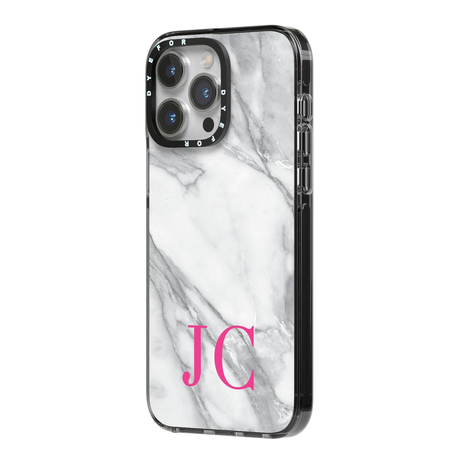 Grey Marble Pink Initials iPhone 14 Pro Max Black Impact Case Side Angle on Silver phone