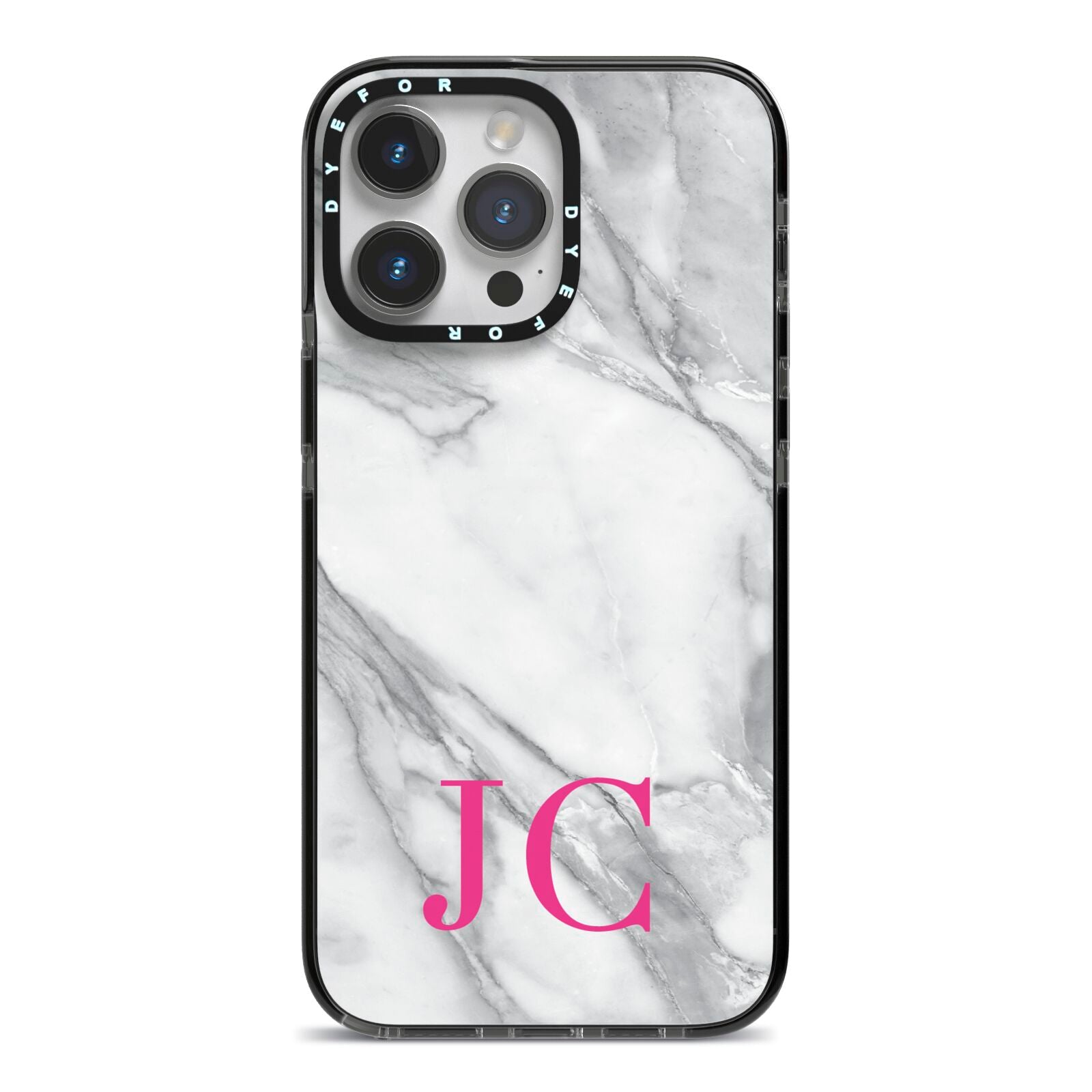 Grey Marble Pink Initials iPhone 14 Pro Max Black Impact Case on Silver phone