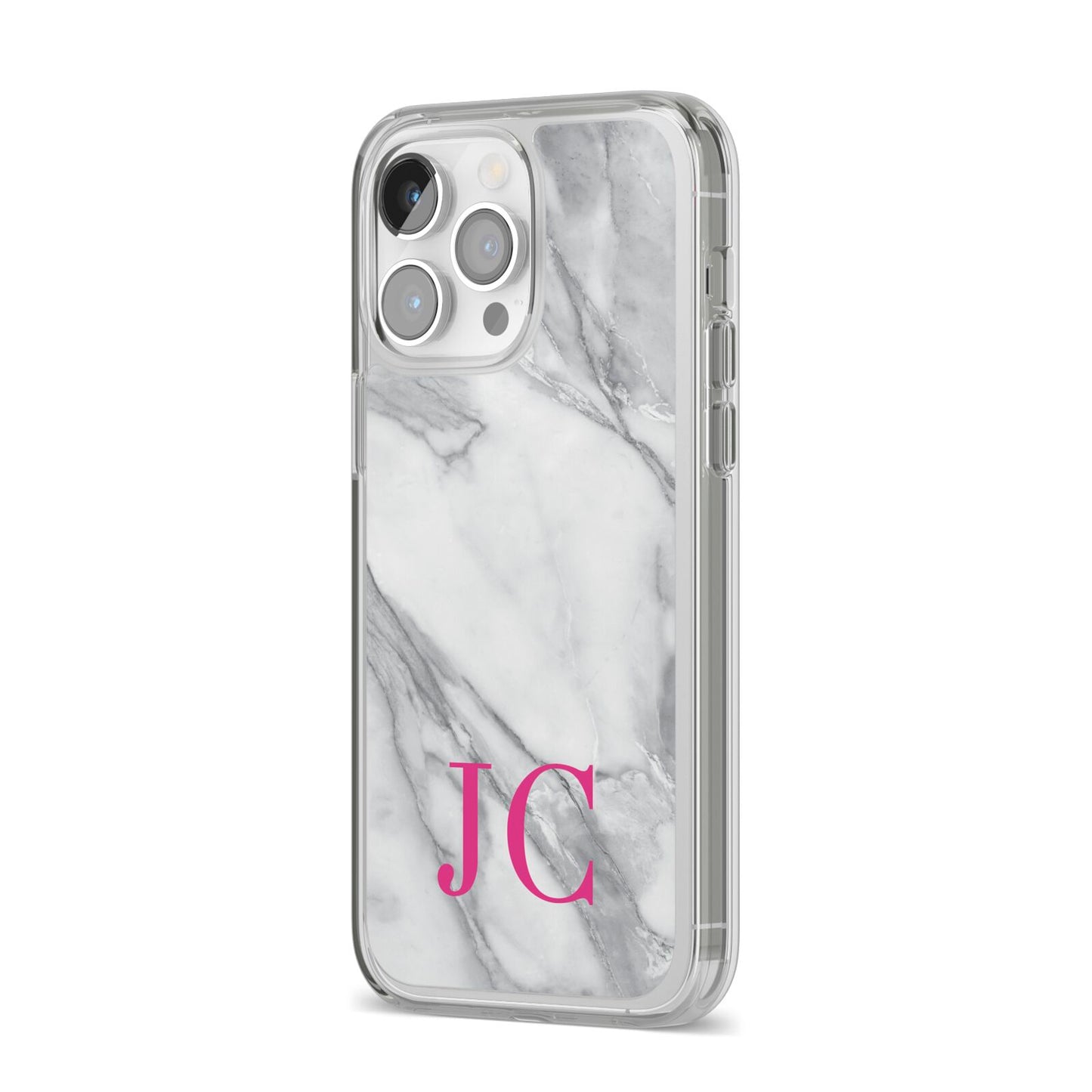 Grey Marble Pink Initials iPhone 14 Pro Max Clear Tough Case Silver Angled Image