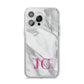 Grey Marble Pink Initials iPhone 14 Pro Max Clear Tough Case Silver