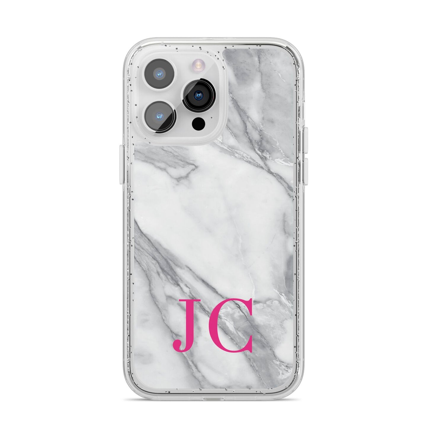 Grey Marble Pink Initials iPhone 14 Pro Max Glitter Tough Case Silver