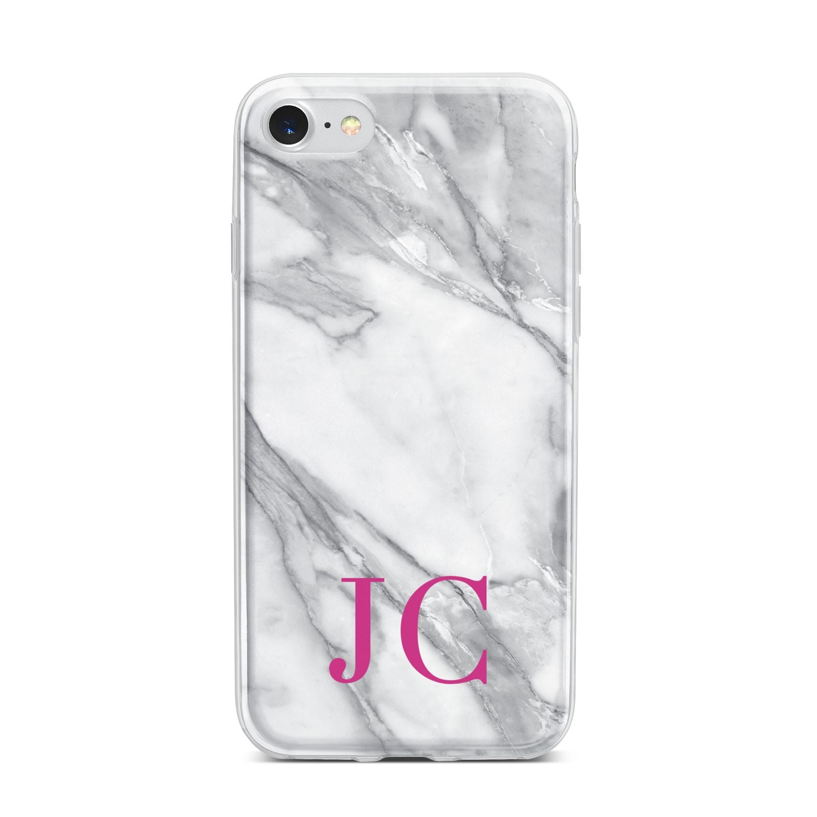 Grey Marble Pink Initials iPhone 7 Bumper Case on Silver iPhone