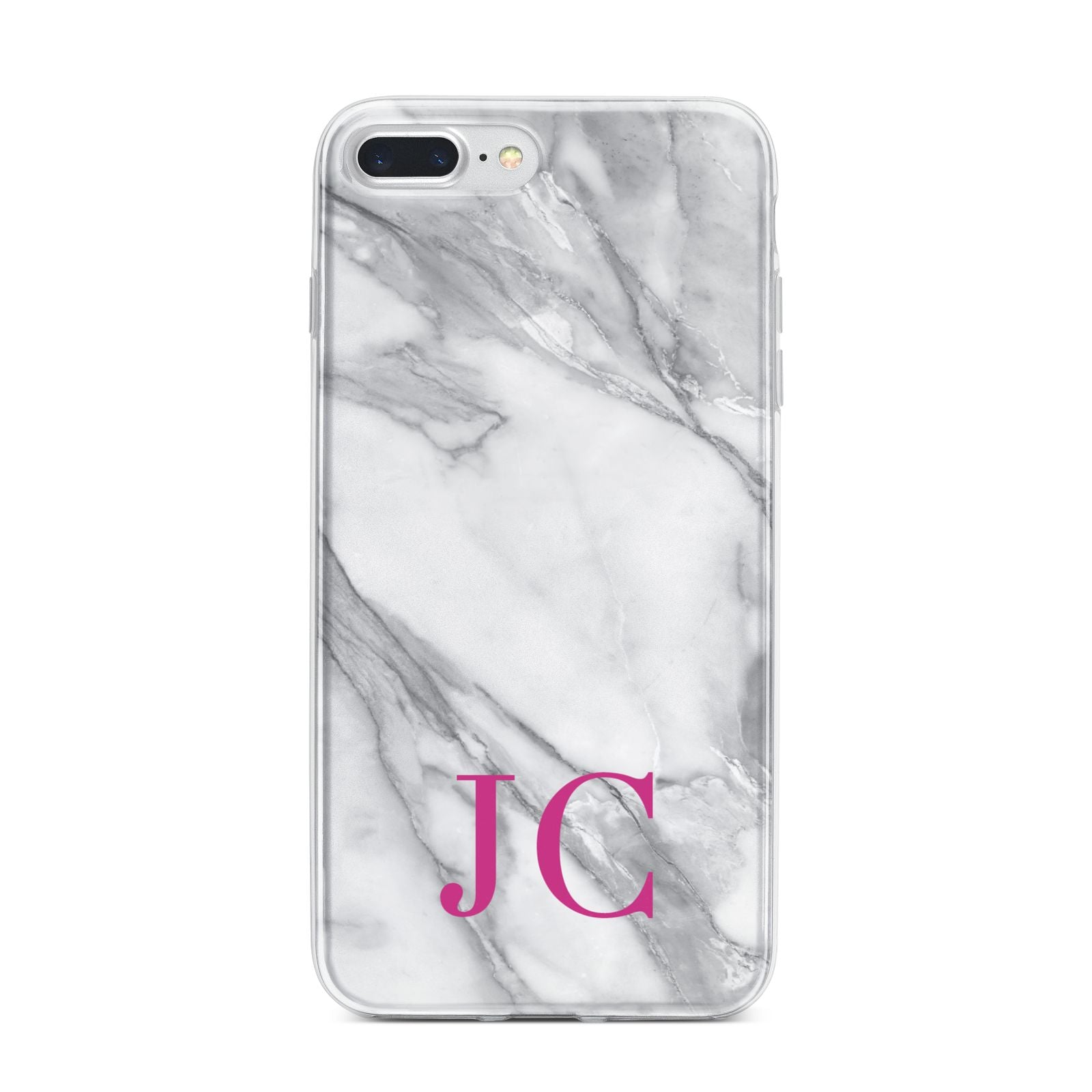 Grey Marble Pink Initials iPhone 7 Plus Bumper Case on Silver iPhone