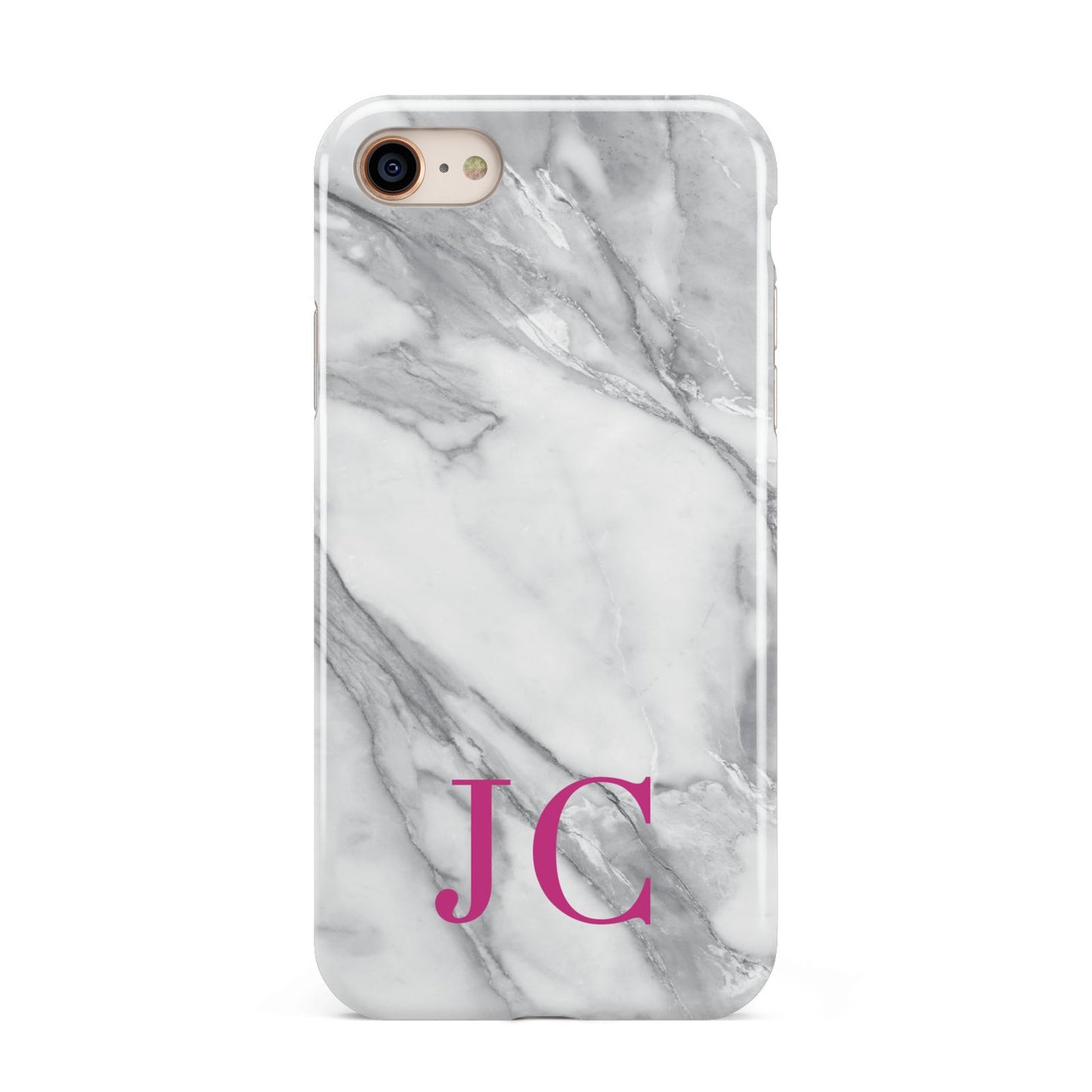 Grey Marble Pink Initials iPhone 8 3D Tough Case on Gold Phone