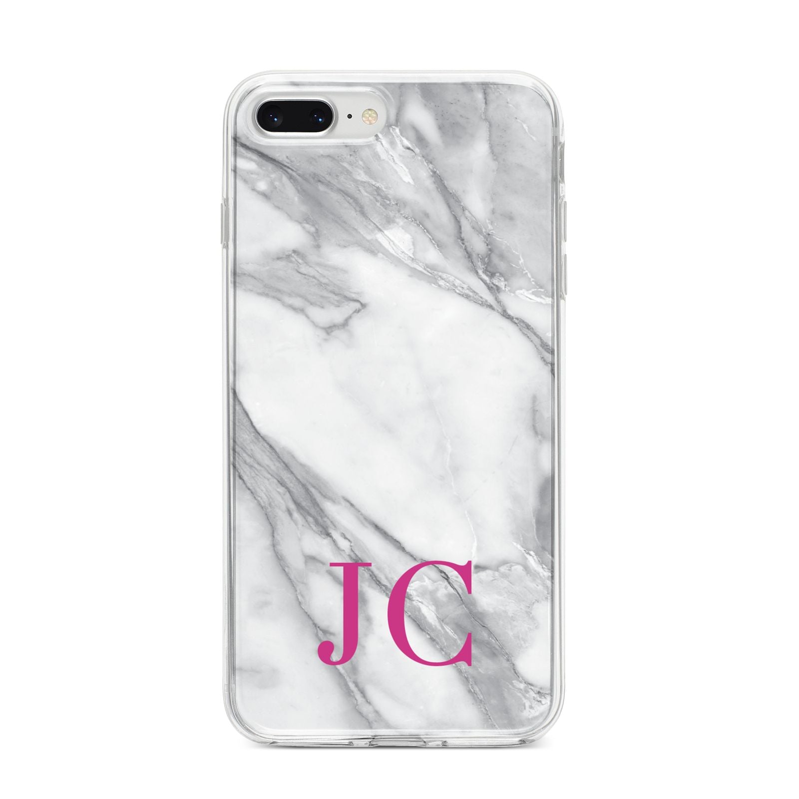 Grey Marble Pink Initials iPhone 8 Plus Bumper Case on Silver iPhone
