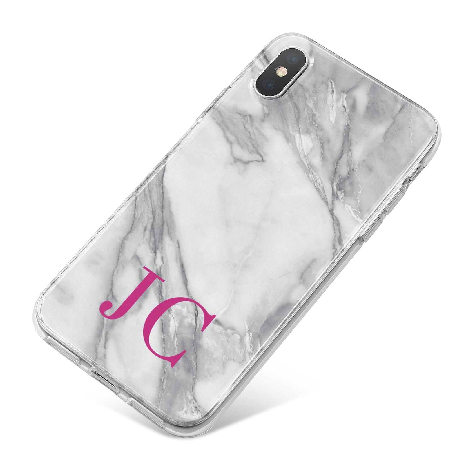 Grey Marble Pink Initials iPhone X Bumper Case on Silver iPhone