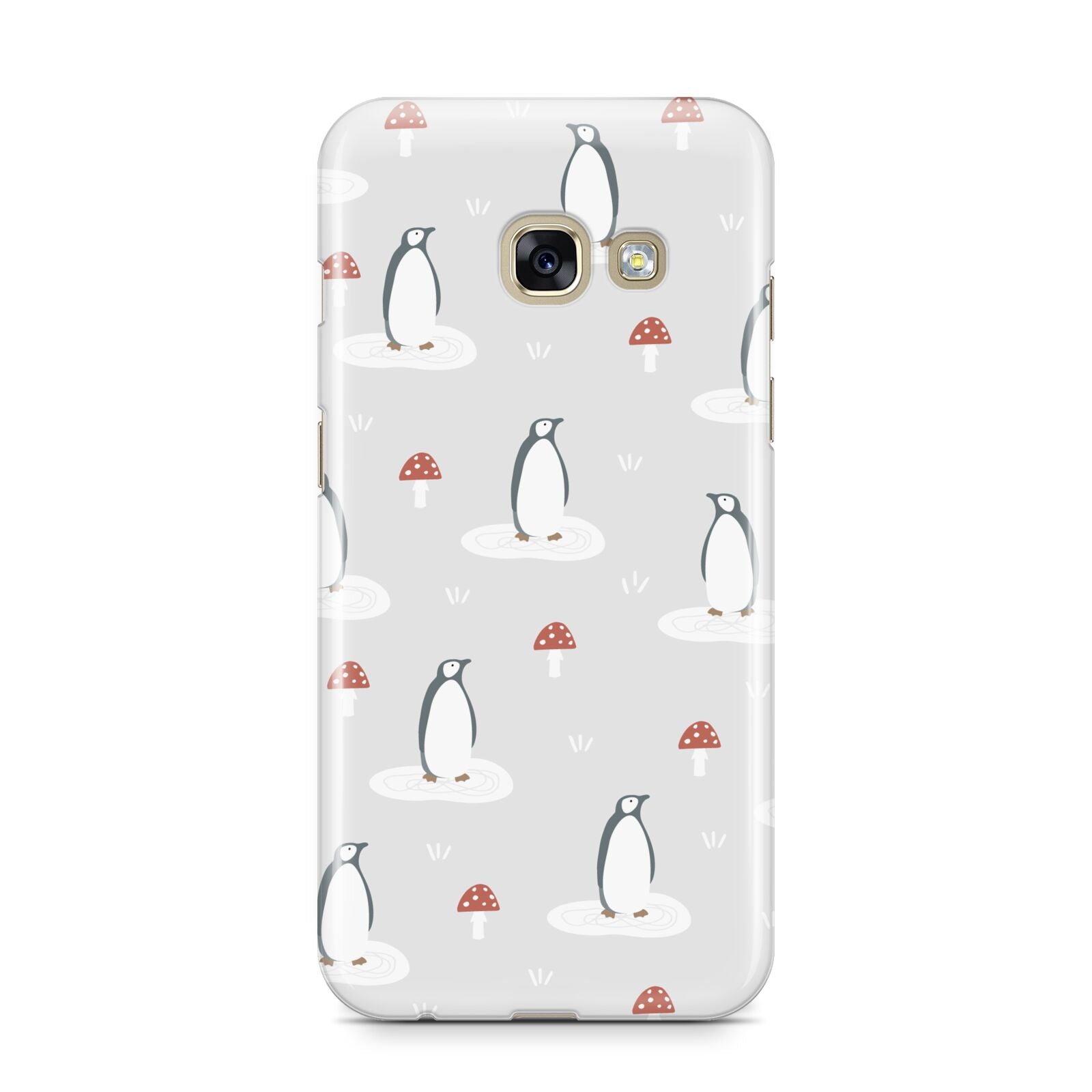 Grey Penguin Forest Samsung Galaxy A3 2017 Case on gold phone