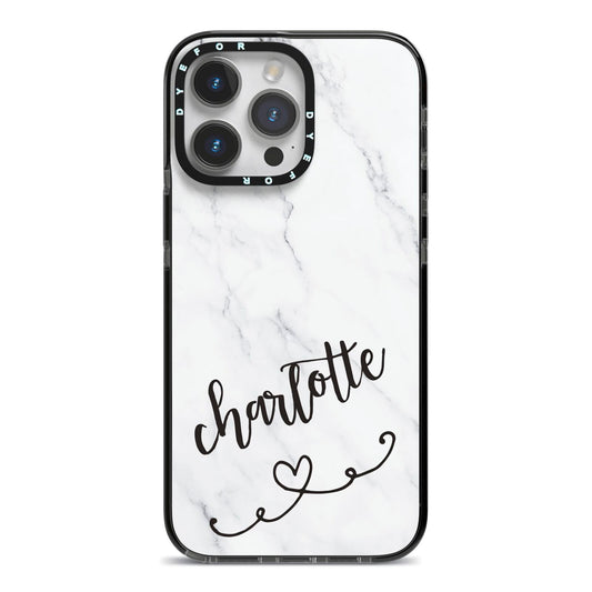 Grey Personalised Marble with Illustration Text iPhone 14 Pro Max Black Impact Case on Silver phone