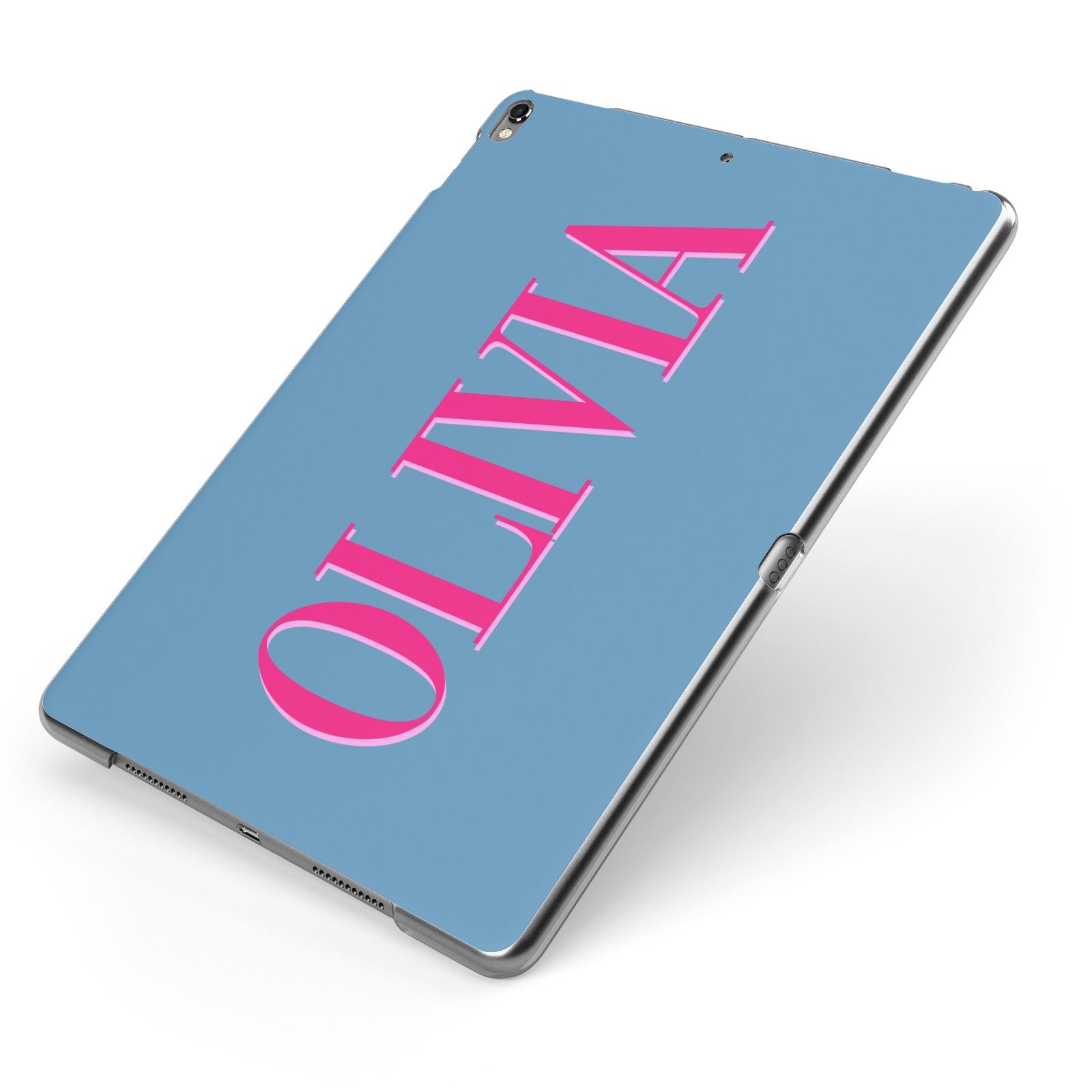 Grey Pink Personalised Name Apple iPad Case on Grey iPad Side View