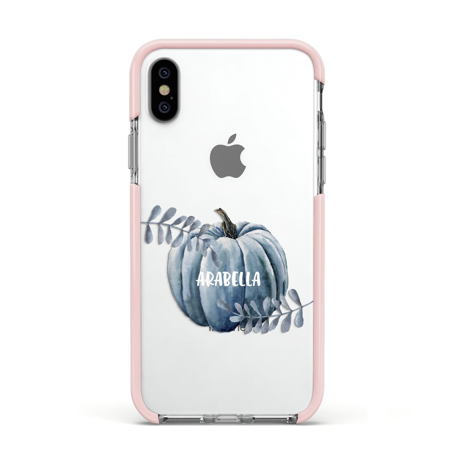 Grey Pumpkin Apple iPhone Xs Impact Case Pink Edge on Silver Phone