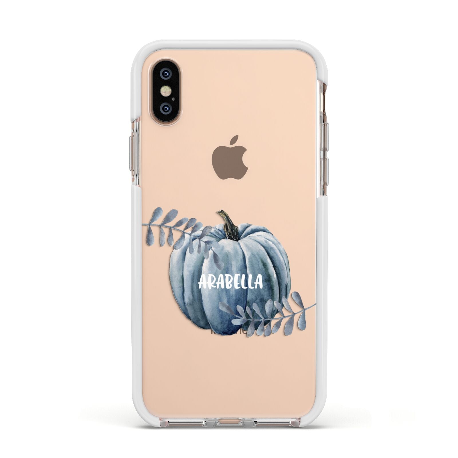 Grey Pumpkin Apple iPhone Xs Impact Case White Edge on Gold Phone