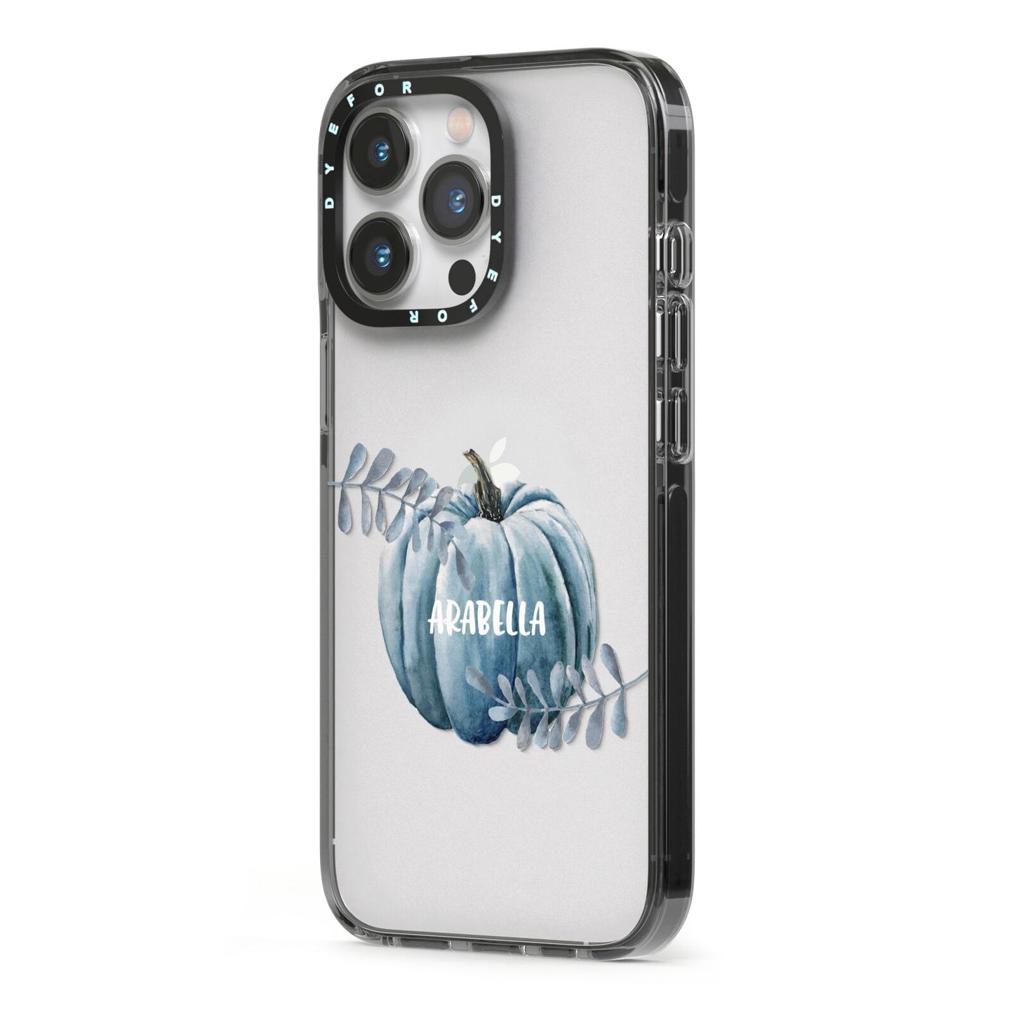Grey Pumpkin iPhone 13 Pro Black Impact Case Side Angle on Silver phone