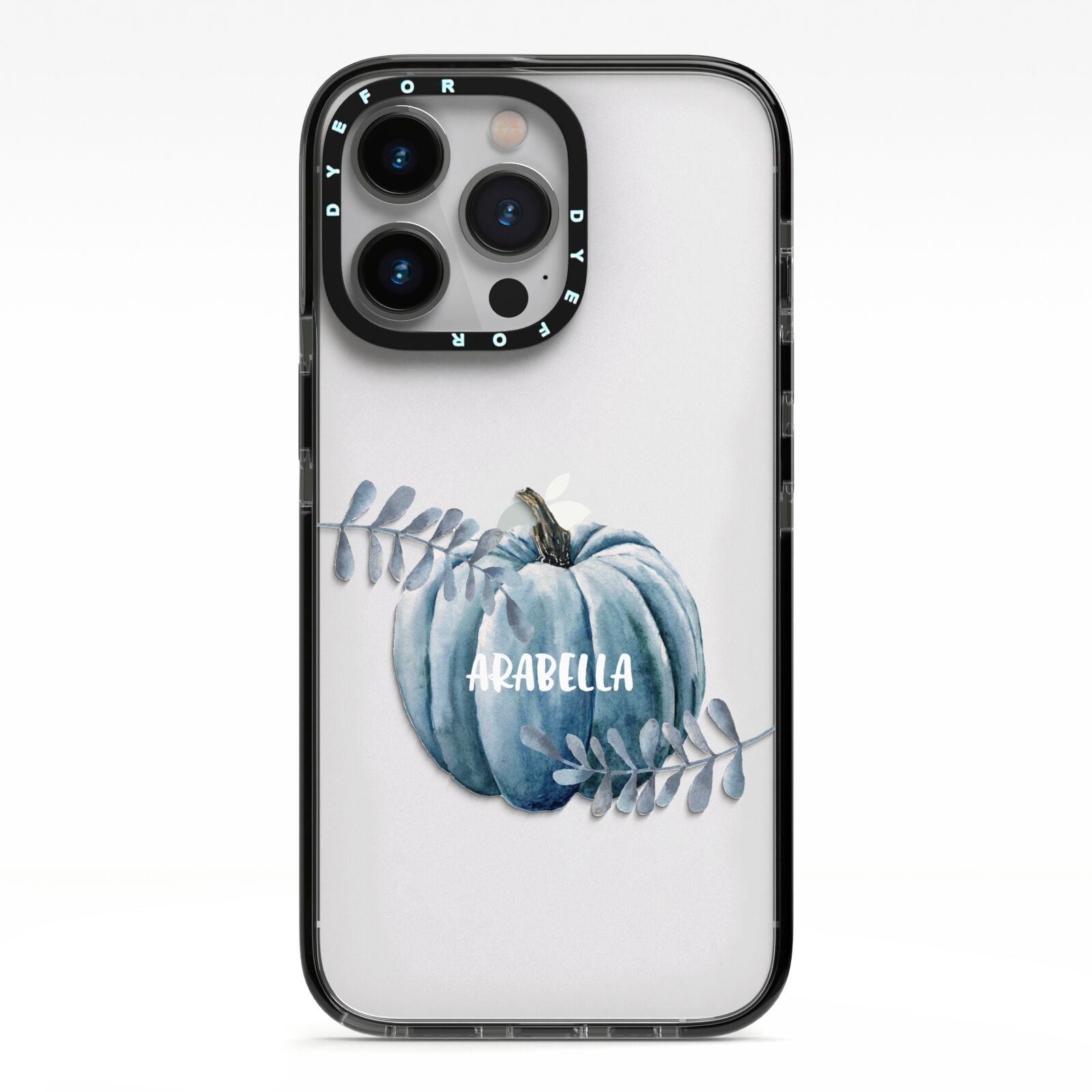 Grey Pumpkin iPhone 13 Pro Black Impact Case on Silver phone