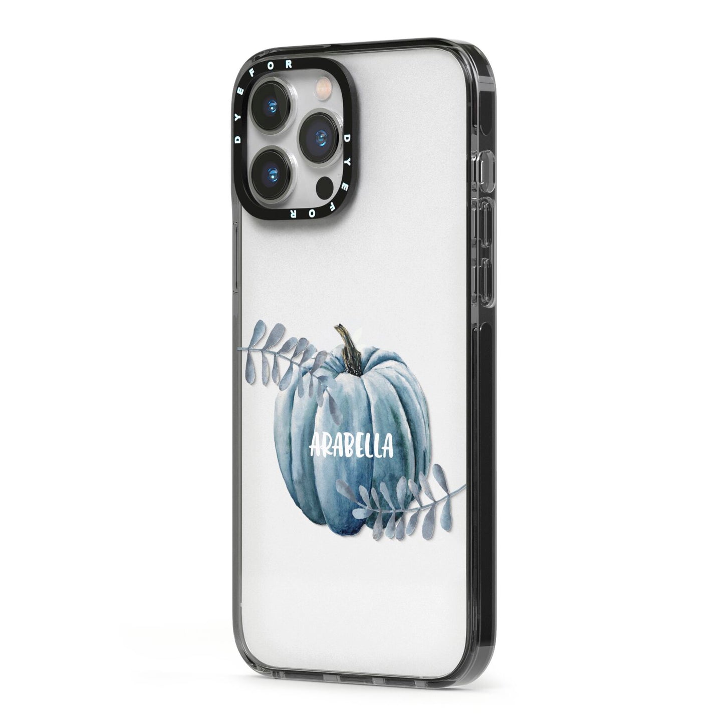 Grey Pumpkin iPhone 13 Pro Max Black Impact Case Side Angle on Silver phone
