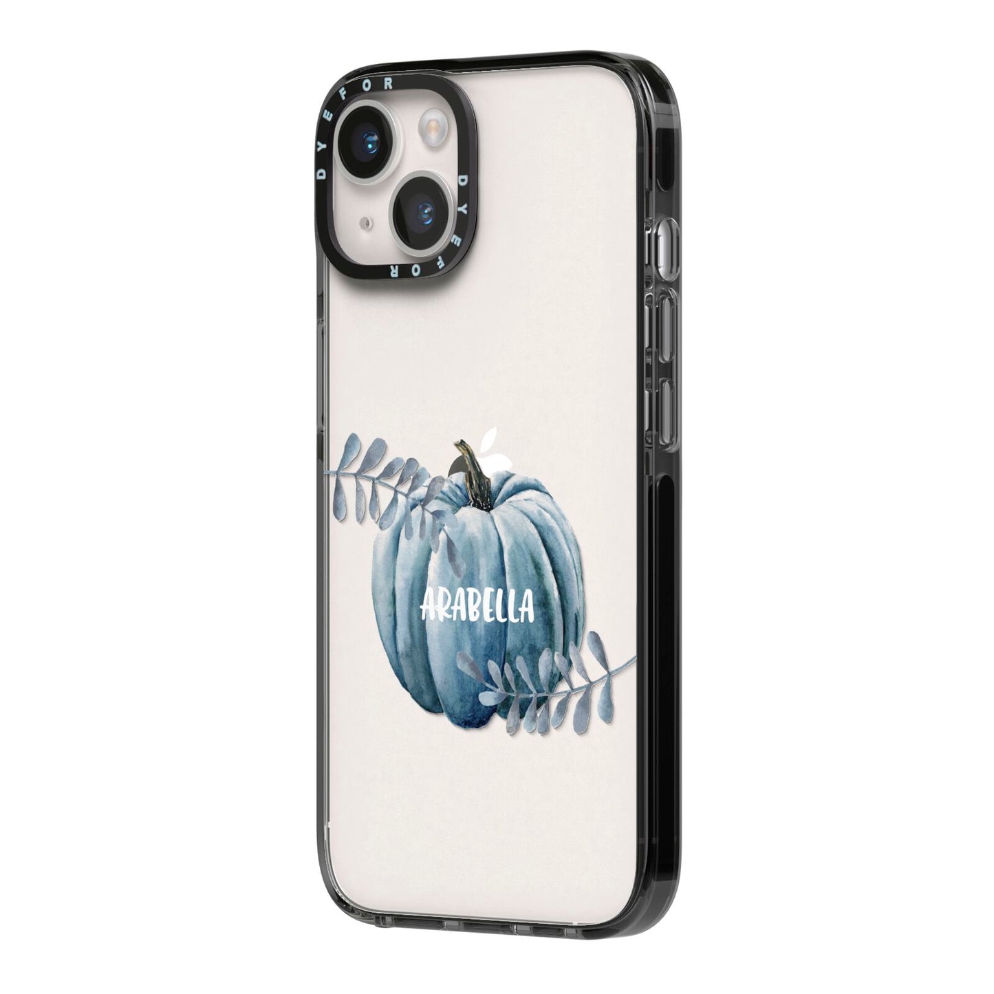 Grey Pumpkin iPhone 14 Black Impact Case Side Angle on Silver phone