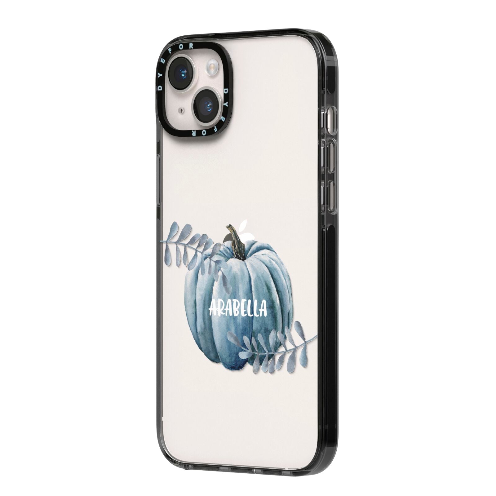 Grey Pumpkin iPhone 14 Plus Black Impact Case Side Angle on Silver phone