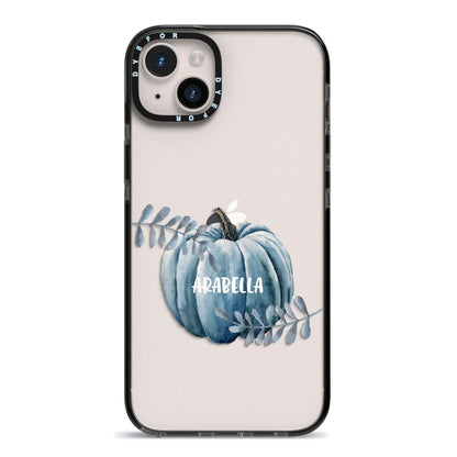 Grey Pumpkin iPhone 14 Plus Black Impact Case on Silver phone