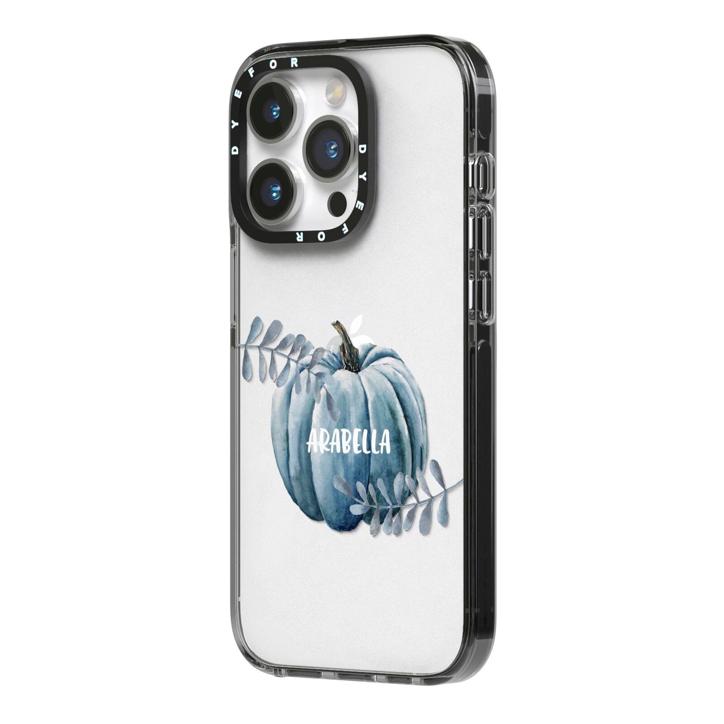 Grey Pumpkin iPhone 14 Pro Black Impact Case Side Angle on Silver phone