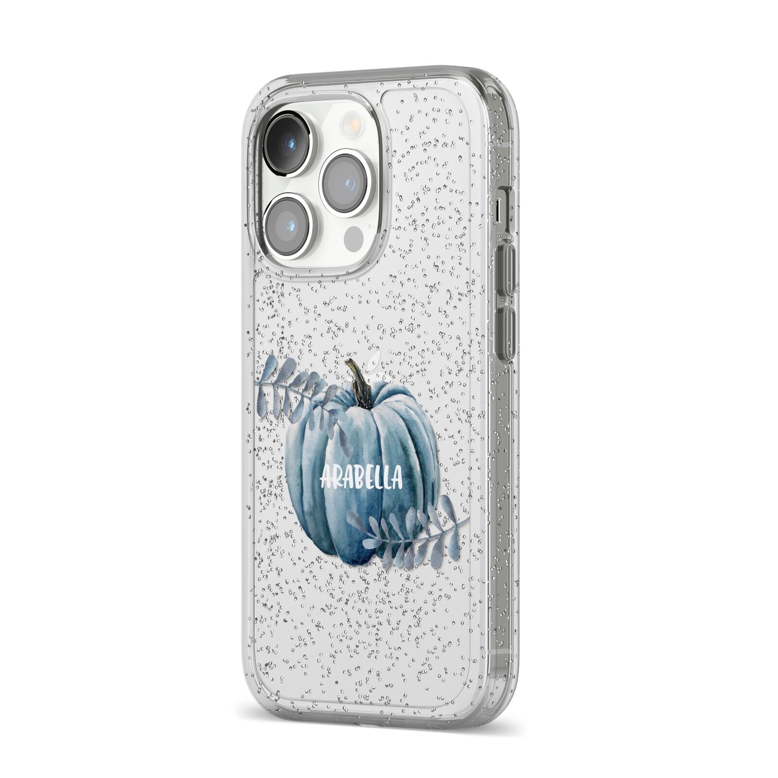 Grey Pumpkin iPhone 14 Pro Glitter Tough Case Silver Angled Image