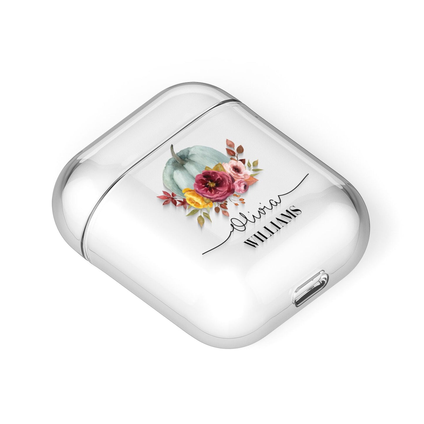 Grey Watercolour Pumpkins with Text AirPods Case Laid Flat