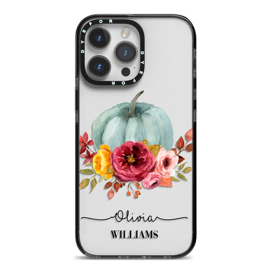 Grey Watercolour Pumpkins with Text iPhone 14 Pro Max Black Impact Case on Silver phone