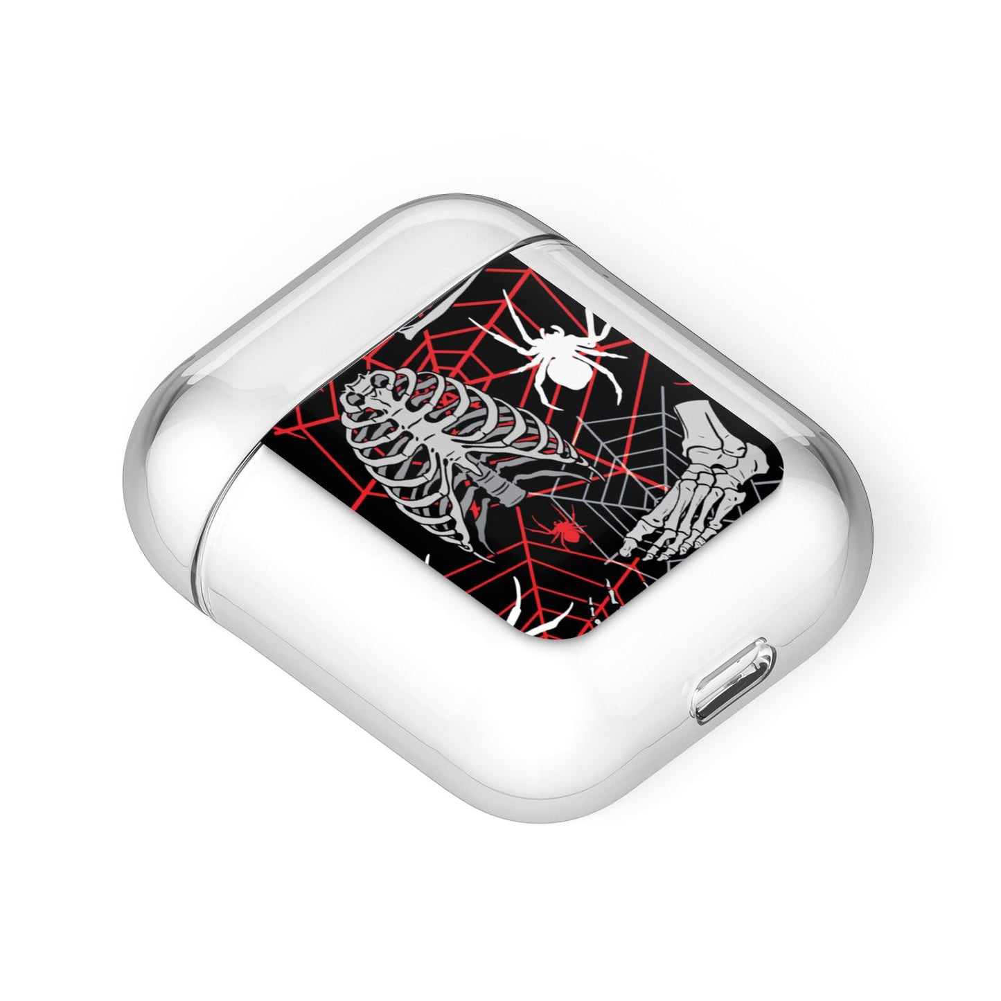 Grey and Red Cobwebs AirPods Case Laid Flat