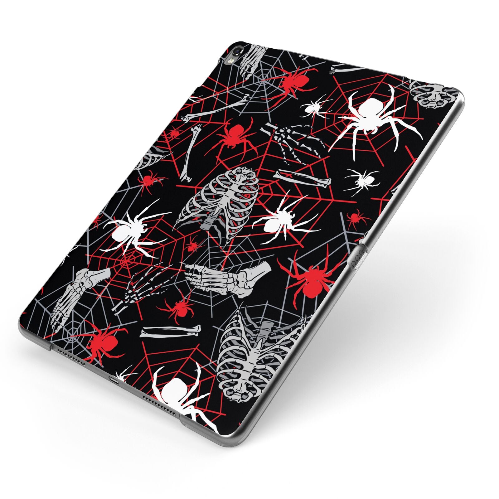 Grey and Red Cobwebs Apple iPad Case on Grey iPad Side View