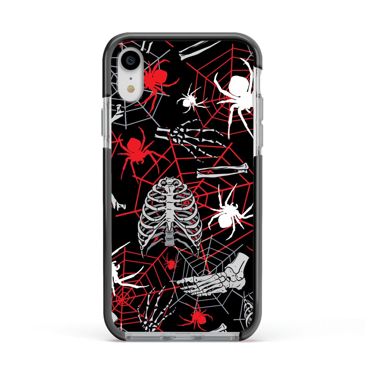Grey and Red Cobwebs Apple iPhone XR Impact Case Black Edge on Silver Phone