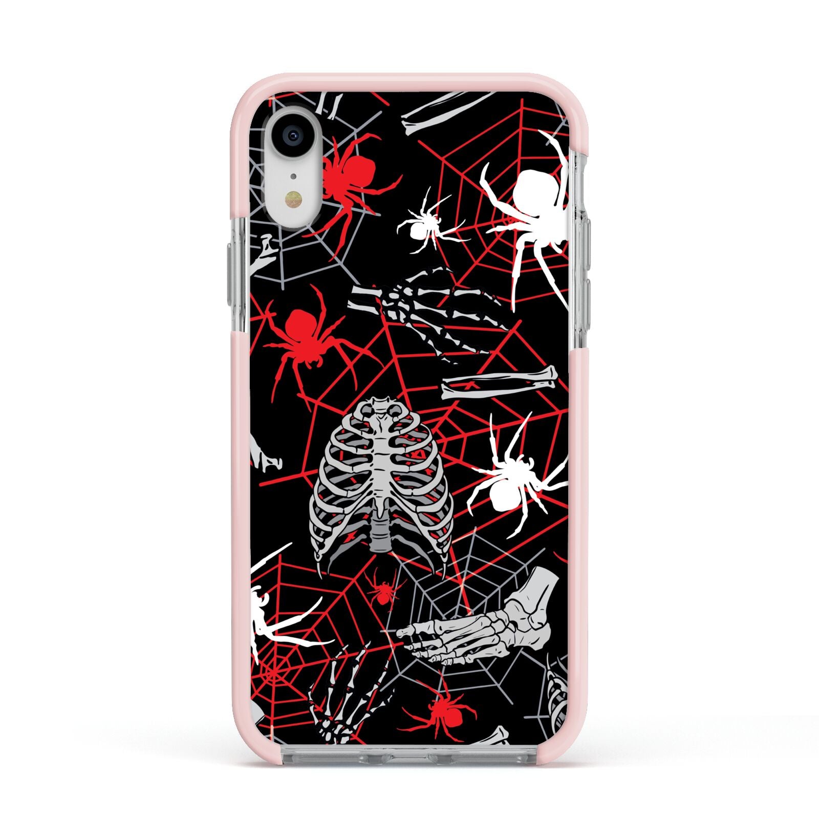 Grey and Red Cobwebs Apple iPhone XR Impact Case Pink Edge on Silver Phone