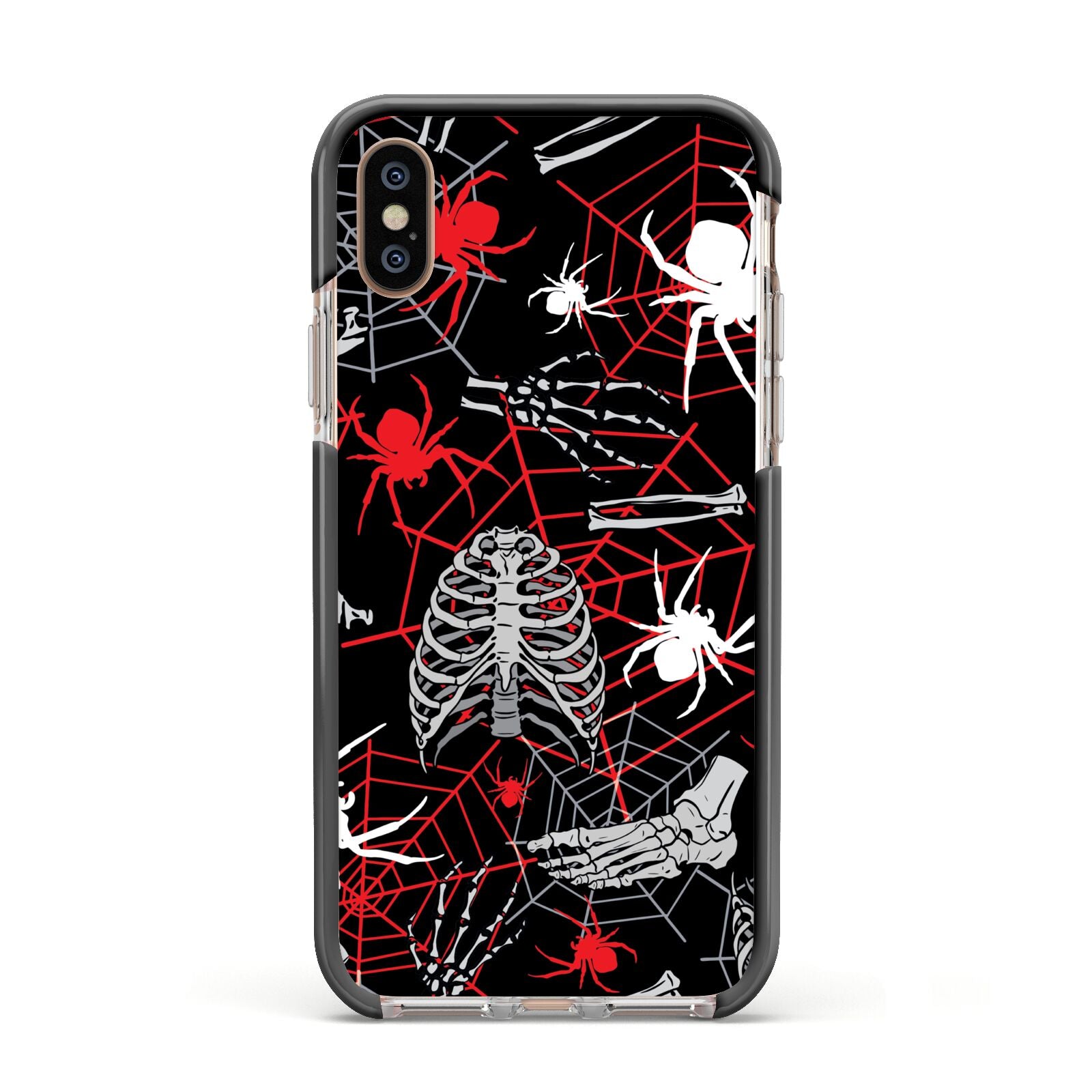 Grey and Red Cobwebs Apple iPhone Xs Impact Case Black Edge on Gold Phone