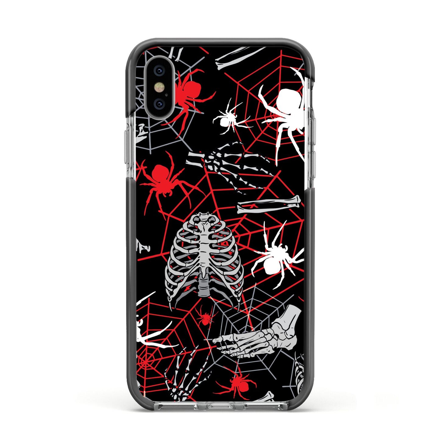 Grey and Red Cobwebs Apple iPhone Xs Impact Case Black Edge on Silver Phone