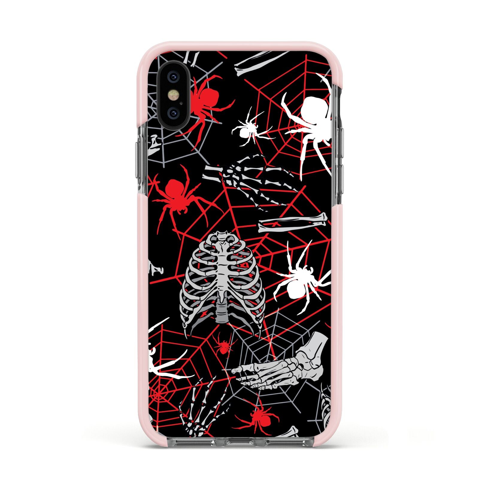Grey and Red Cobwebs Apple iPhone Xs Impact Case Pink Edge on Black Phone