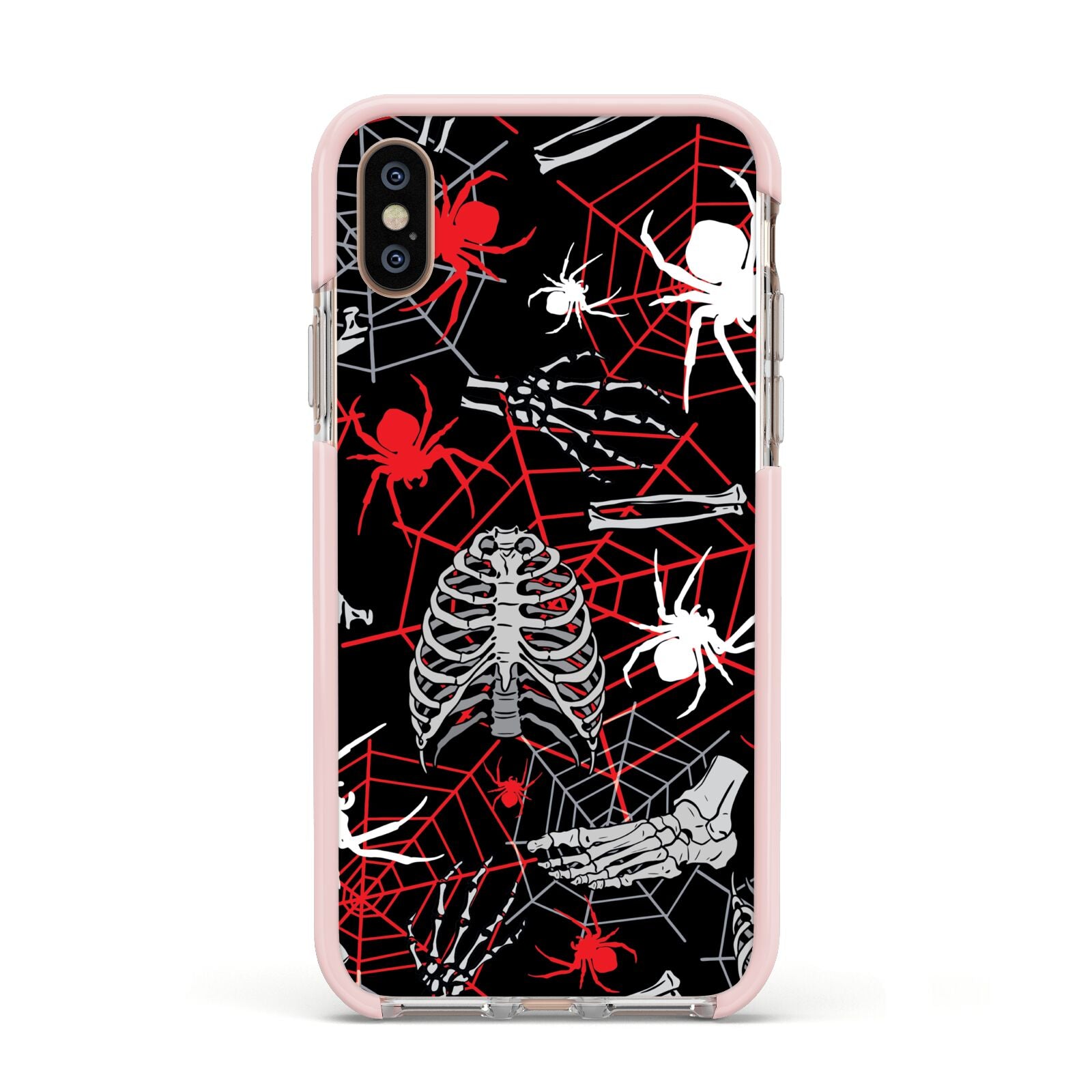 Grey and Red Cobwebs Apple iPhone Xs Impact Case Pink Edge on Gold Phone