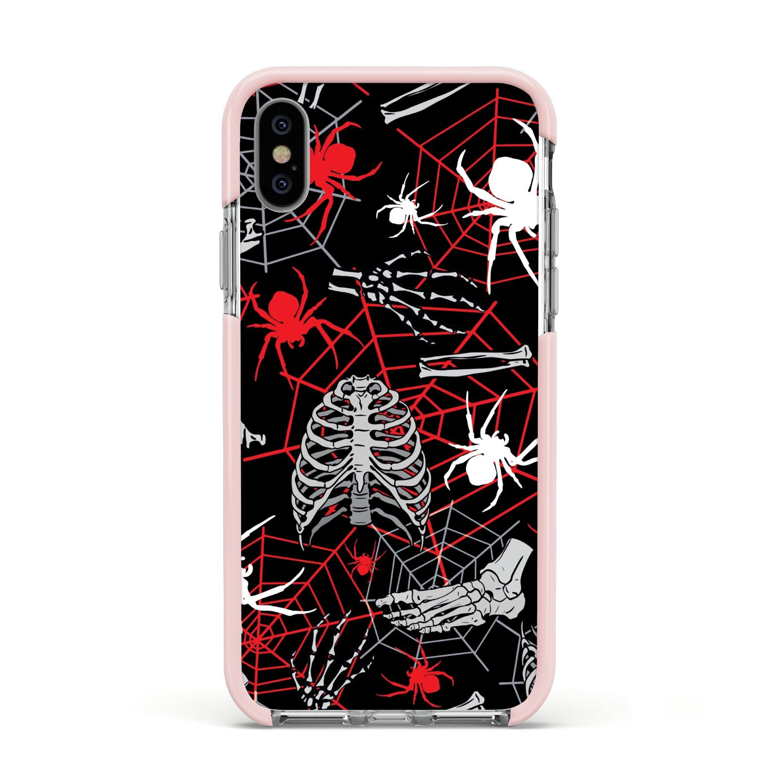 Grey and Red Cobwebs Apple iPhone Xs Impact Case Pink Edge on Silver Phone