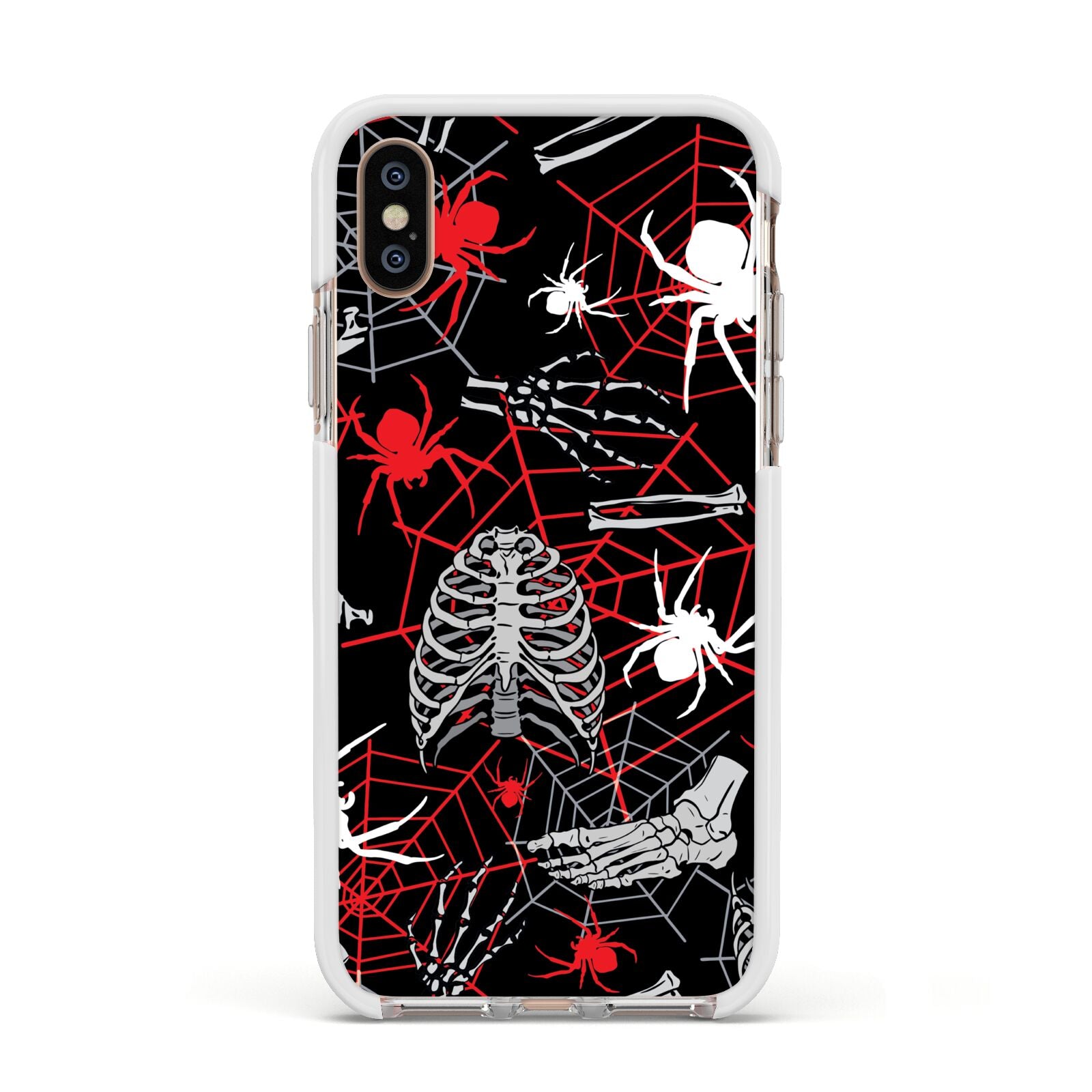 Grey and Red Cobwebs Apple iPhone Xs Impact Case White Edge on Gold Phone
