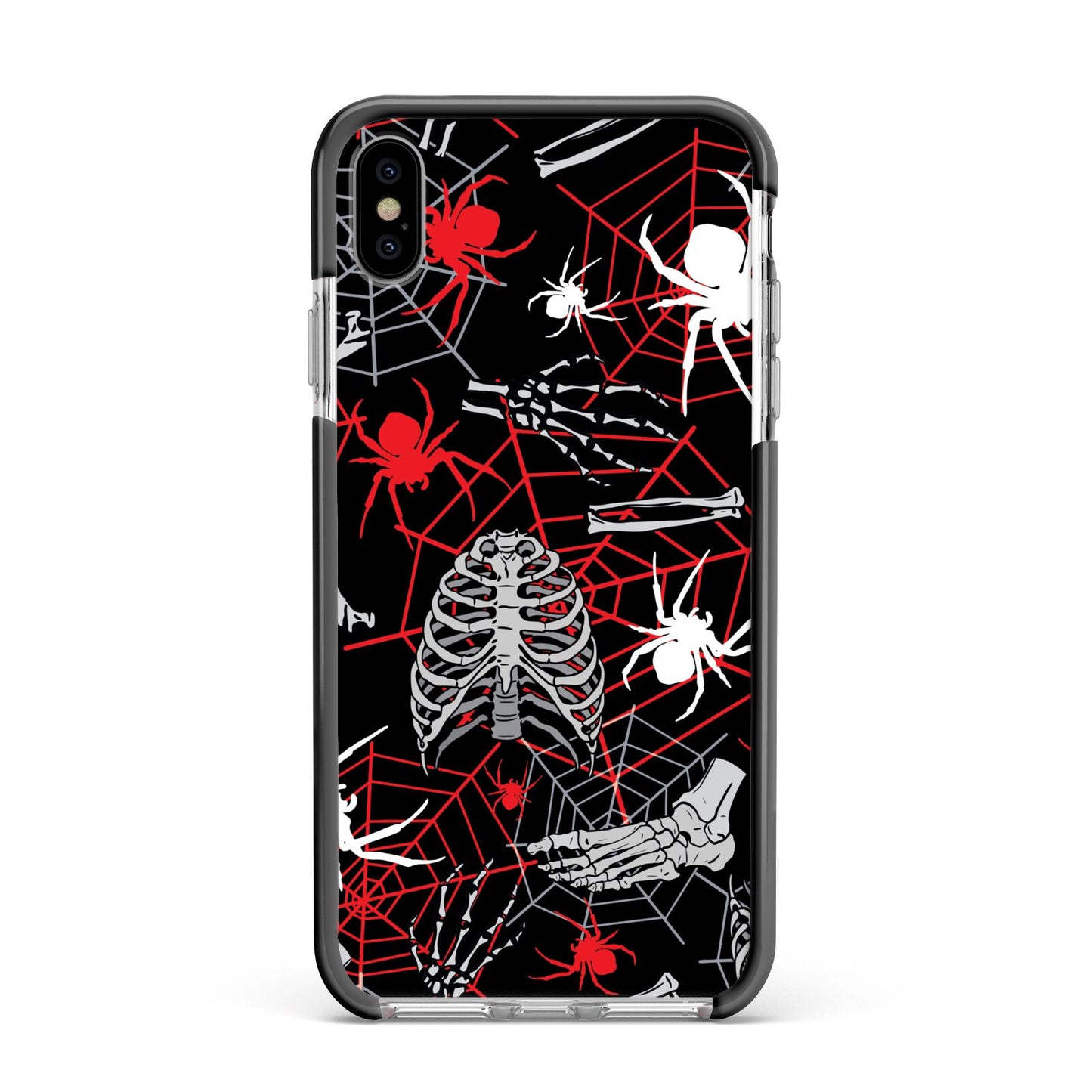 Grey and Red Cobwebs Apple iPhone Xs Max Impact Case Black Edge on Silver Phone
