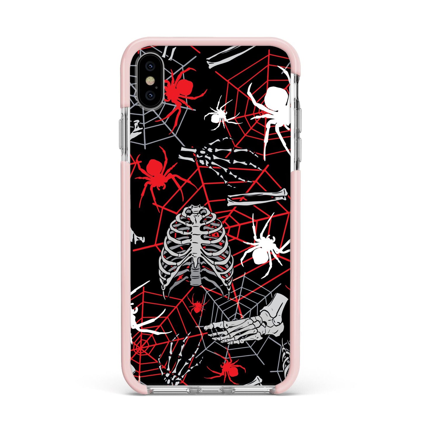 Grey and Red Cobwebs Apple iPhone Xs Max Impact Case Pink Edge on Silver Phone