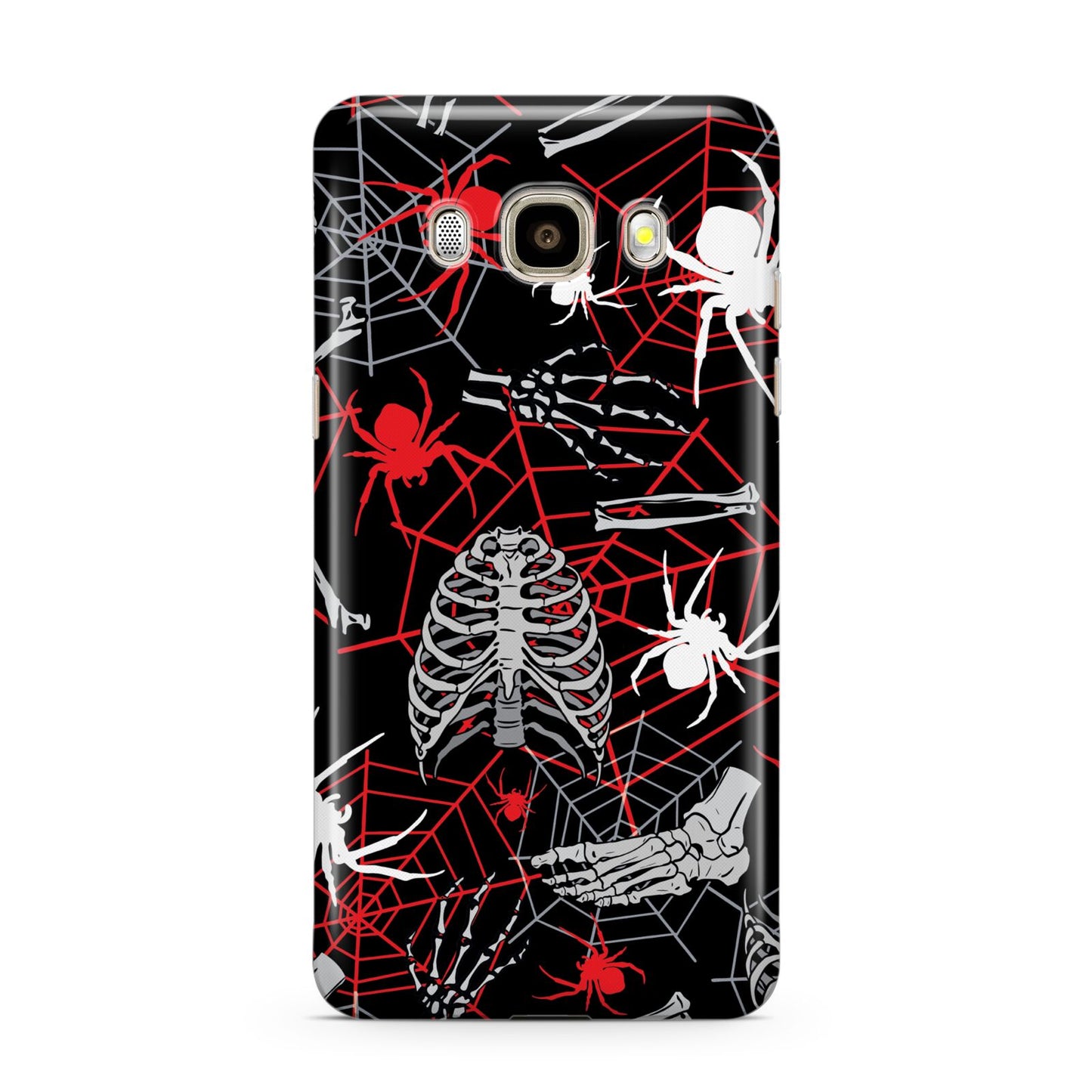 Grey and Red Cobwebs Samsung Galaxy J7 2016 Case on gold phone