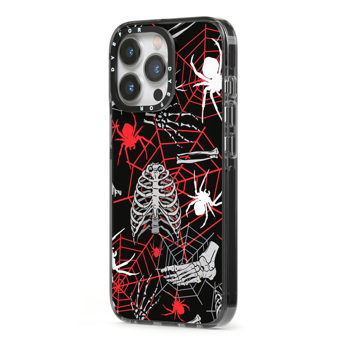 Grey and Red Cobwebs iPhone 13 Pro Black Impact Case Side Angle on Silver phone