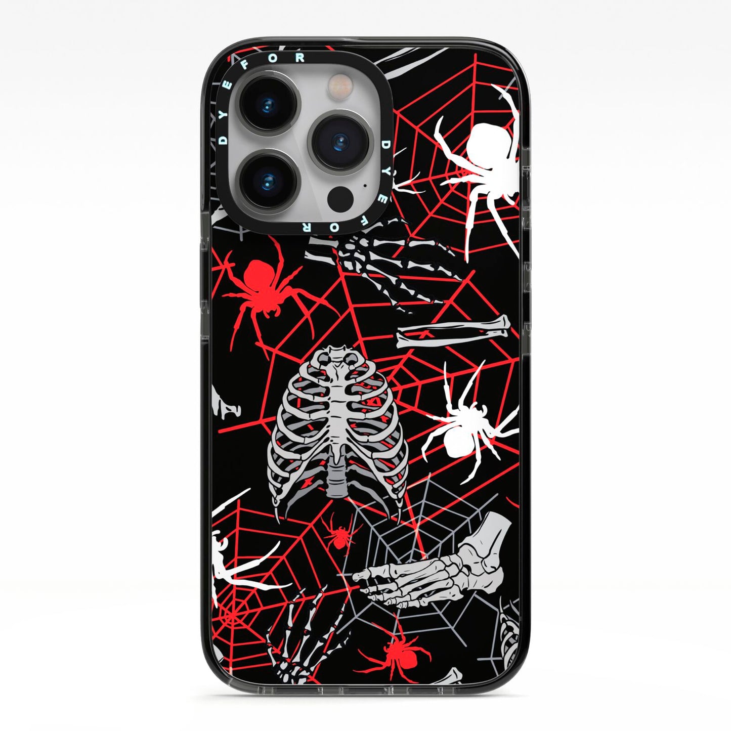 Grey and Red Cobwebs iPhone 13 Pro Black Impact Case on Silver phone