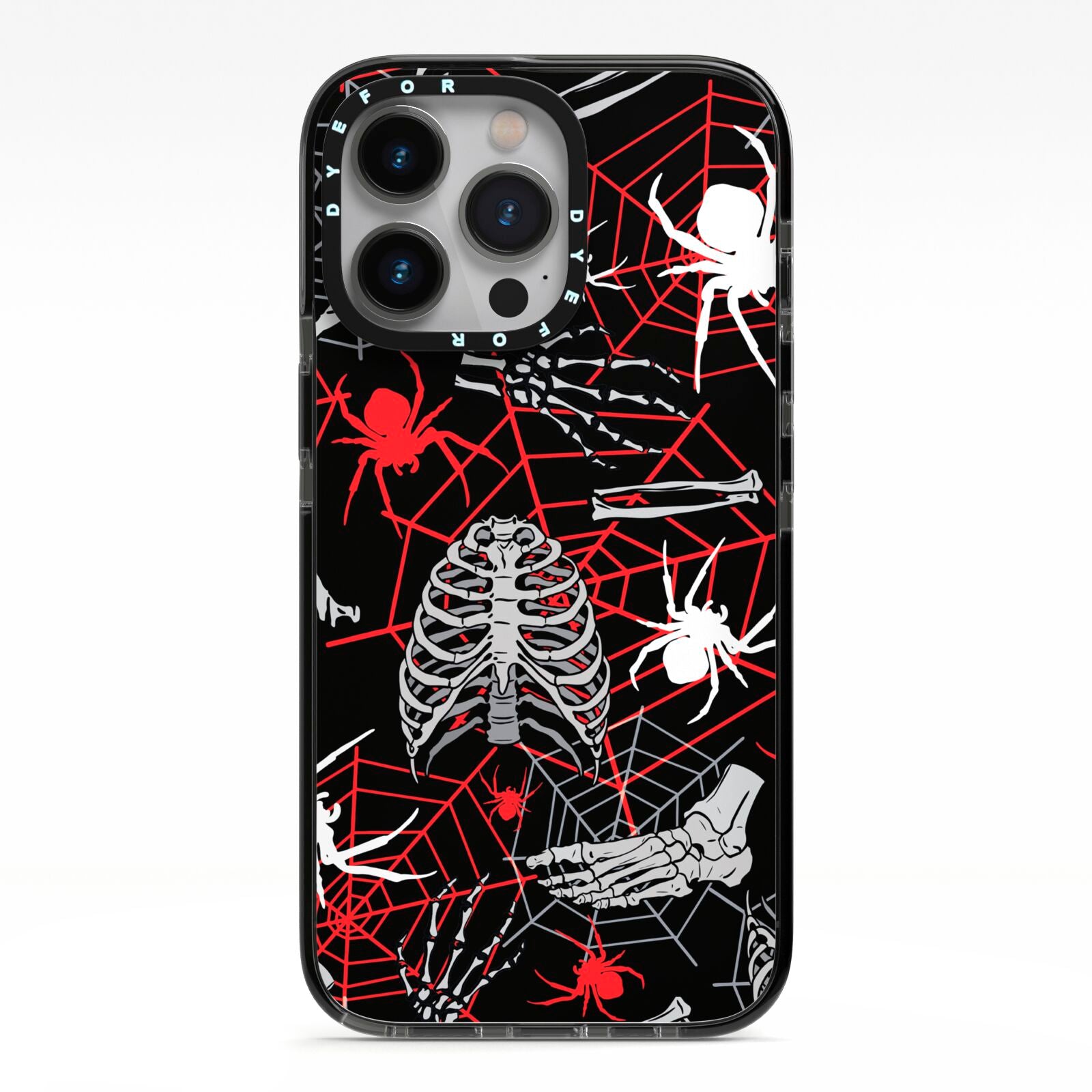 Grey and Red Cobwebs iPhone 13 Pro Black Impact Case on Silver phone