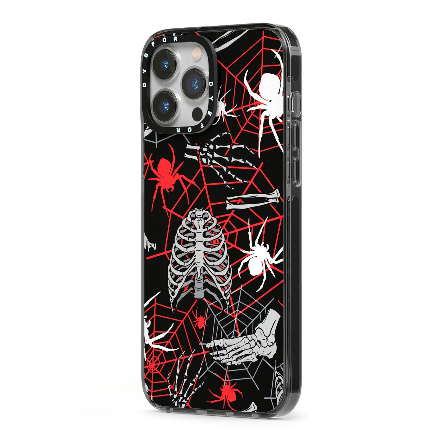Grey and Red Cobwebs iPhone 13 Pro Max Black Impact Case Side Angle on Silver phone