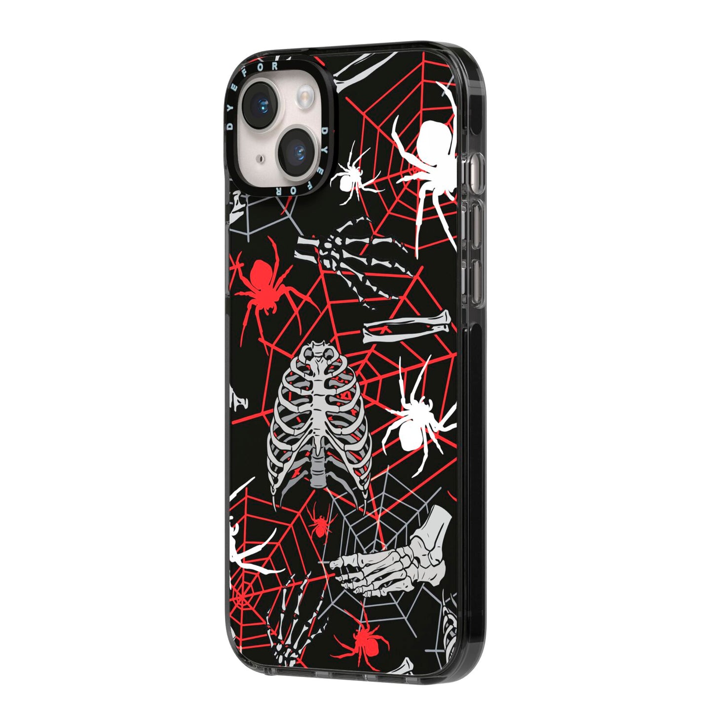 Grey and Red Cobwebs iPhone 14 Plus Black Impact Case Side Angle on Silver phone